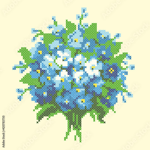 vector art embroidery blue flowers