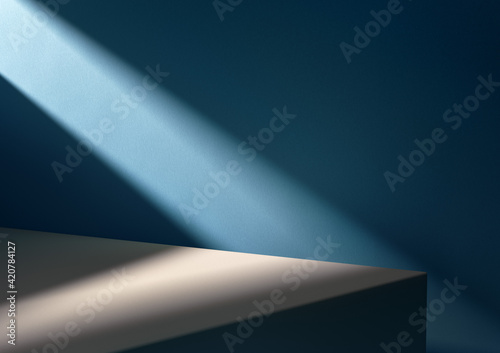 3D illustration of horizontally divided blue and beige background lit by diagonal light stripe.