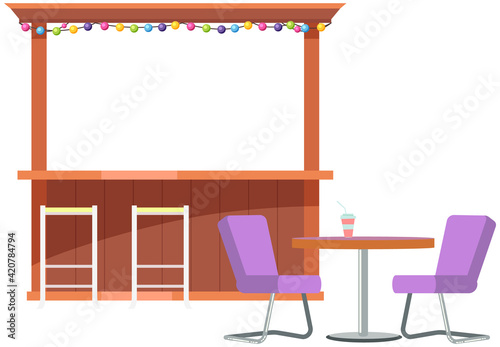 Wooden outdoor bar, street cafe with table and chairs. Bar counters for outdoor usage with seating