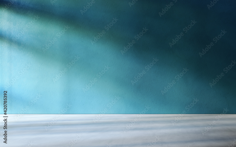 3D rendering of empty room. Concrete floor and teal wall. 3D rendering of empty room. Concrete floor and teal wall.
