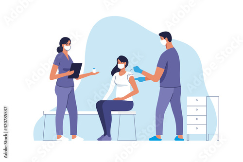 Coronavirus vaccination. Woman getting vaccinated against Covid-19 in hospital. Doctor giving Corona virus vaccine injection injecting patient. Vector illustration.