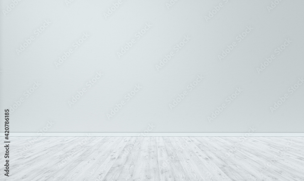 White wall and white painted wooden floor in empty room for displaying your product. - obrazy, fototapety, plakaty 