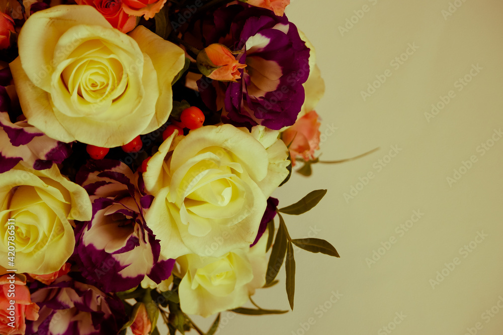 Background. Bouquet of flowers close-up on a white background illuminated by yellow, soft light. White and pink roses, blue-white eustoma. Place for text.