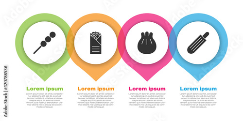 Set Meatballs on wooden stick, Doner kebab, Khinkali on cutting board and French hot dog. Business infographic template. Vector