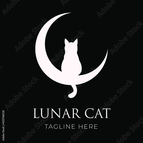Crescent moon and Cat. Lunar Cat Logo design. Animal pet logo for company and website