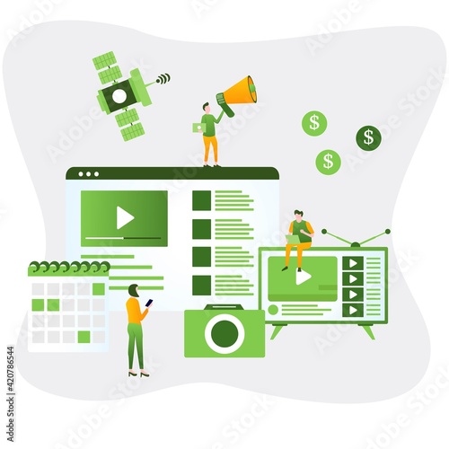 Video production, video footage editing and montage, creating video content flat vector illustration design for mobile and web graphics