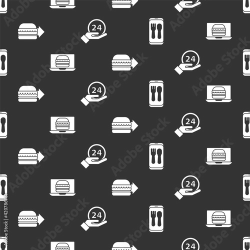 Set Online ordering and delivery, Online ordering burger delivery, Online ordering burger delivery and Clock 24 hours on seamless pattern. Vector