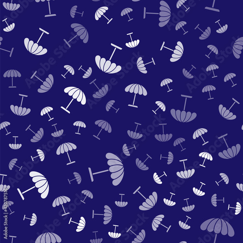 White Sun protective umbrella for beach icon isolated seamless pattern on blue background. Large parasol for outdoor space. Beach umbrella. Vector Illustration