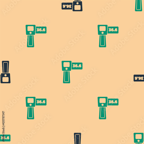 Green and black Digital contactless thermometer with infrared light icon isolated seamless pattern on beige background. Vector
