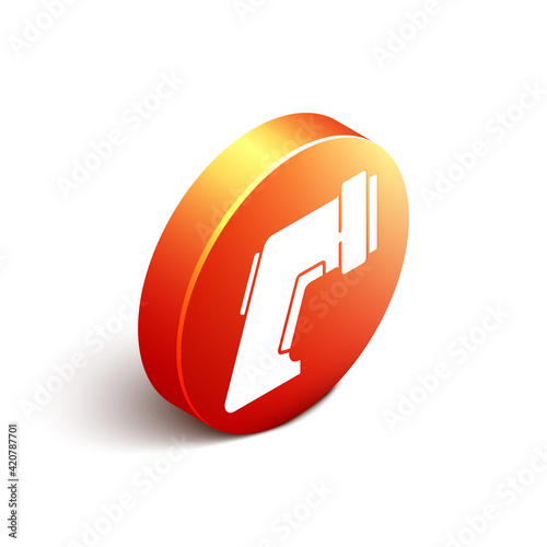 Isometric Digital contactless thermometer with infrared light icon isolated on white background. Orange circle button. Vector