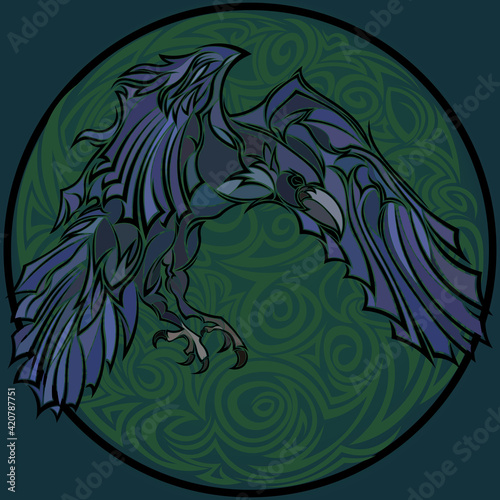 Flying sullen raven against the background of greening patterned moon. Stylized totem raven