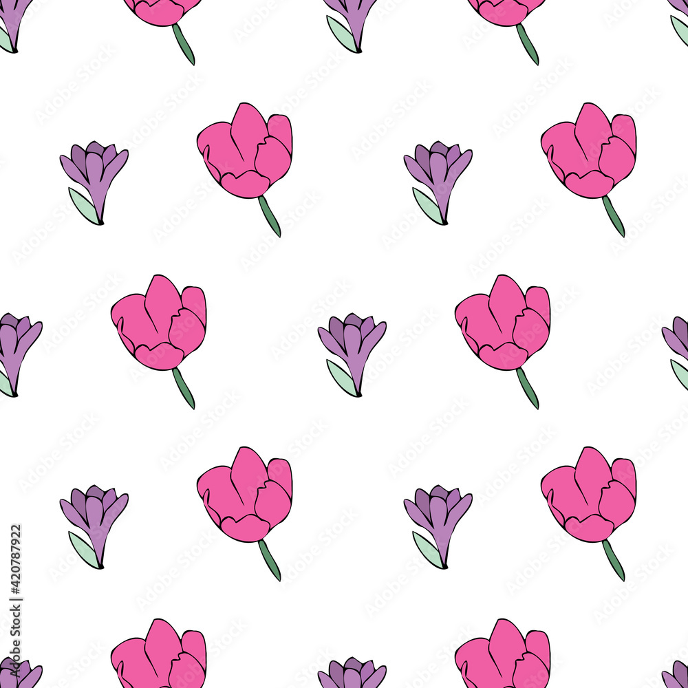 Vector white background white pink purple color tulips, floral seamless pattern. Seamless pattern background