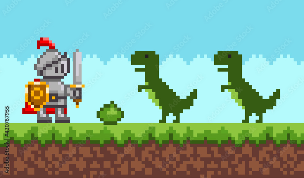 Naklejka premium Pixelated natural landscape with warrior holding shield and sword fighting against green dragons