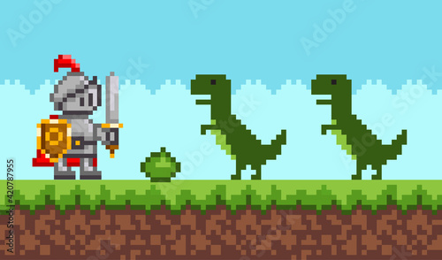 Pixelated natural landscape with warrior holding shield and sword fighting against green dragons © robu_s