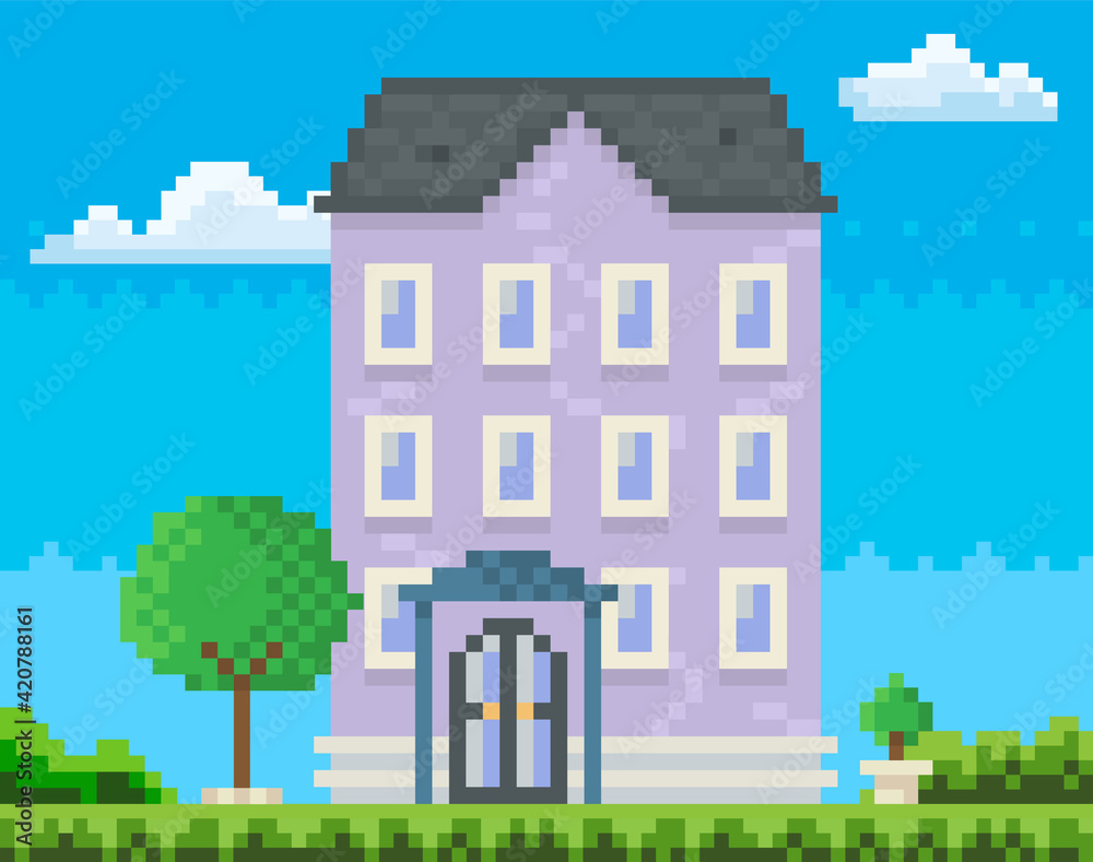 House surrounded by green spaces and plants. Building with many windows for pixel game design