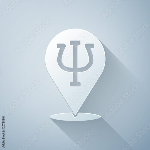 Paper cut Psychology icon isolated on grey background. Psi symbol. Mental health concept, psychoanalysis analysis and psychotherapy. Paper art style. Vector