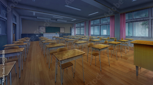 High school classroom in the Rain, Anime background, 2D