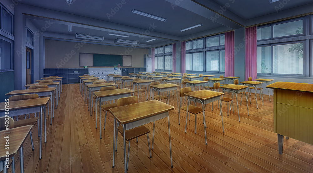 High school classroom in the Overcast, Anime background, 2D illustration.  Stock Illustration | Adobe Stock