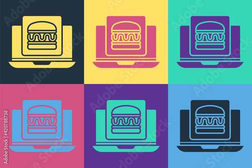 Pop art Online ordering and burger delivery icon isolated on color background. Vector