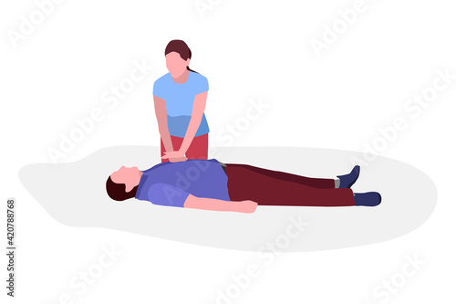 First aid. The girl makes a man who fell in the street cardiopulmonary resuscitation. Isolated vector illustration. Saving the life of an injured person