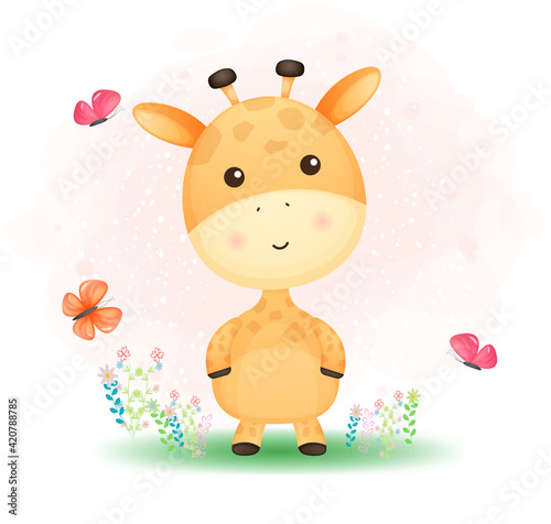 Dekoracja na wymiar  cute-doodle-baby-giraffe-playing-with-butterfly-on-the-grass-premium-vector