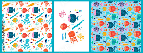 A set of seamless vector patterns and posters with colorful tropical sea fish and octopus in the Scandinavian style on a white and colored background. Children's vector illustration for pajamas