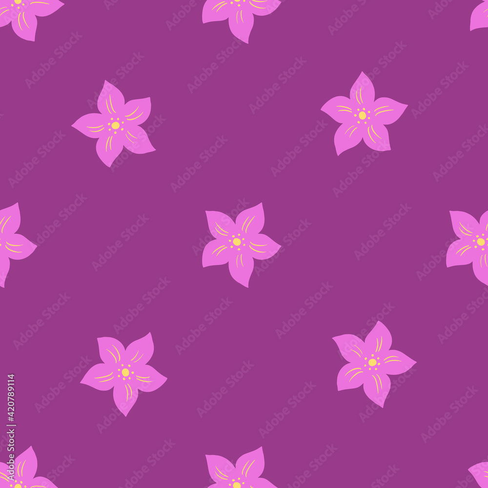 Minimalistic style botanic seamless pattern with doodle tropic flowers ornament. Purple pastel background.