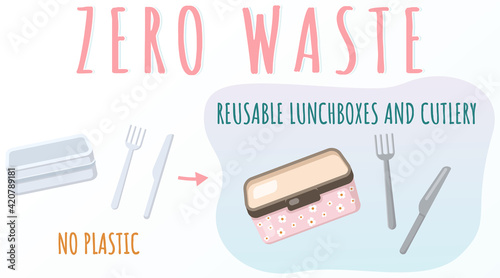 Reusable lunchboxes and cutlery, food container with text. Pack your launch in reusable box