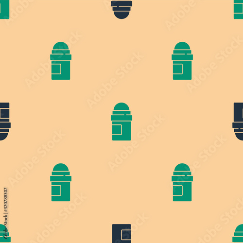 Green and black Antiperspirant deodorant roll icon isolated seamless pattern on beige background. Cosmetic for body hygiene. Vector