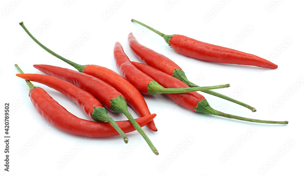 Red chili pepper, Hot spice seasoning, Ingredients for spicy food, Isolated on white background