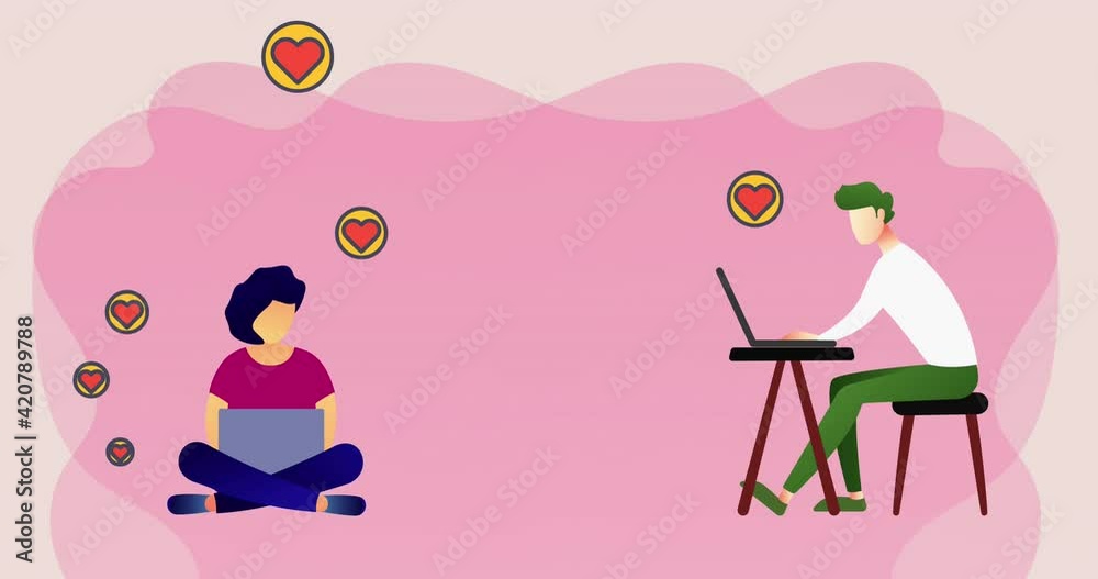 Heart icons floating against man and woman icons using laptop against pink background Heart icons floating against man and woman icons using laptop against pink background