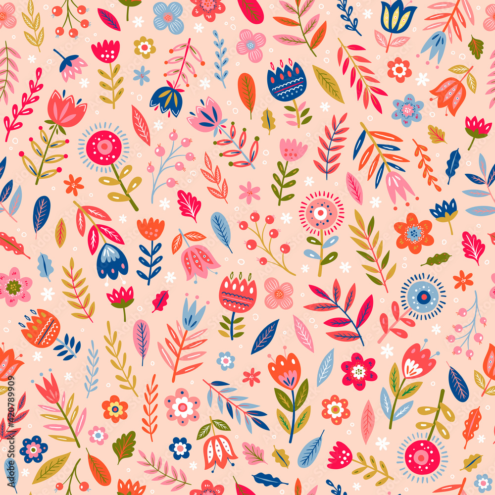 Vector floral pattern in doodle style with flowers and leaves. Texture for wrapping paper, fabric, cards and invitations. Vector flat style design. Cute floral Seamless background. Child cartoon Vector floral pattern in doodle style with flowers and leaves. Texture for wrapping paper, fabric, cards and invitations. Vector flat style design. Cute floral Seamless background. Child cartoon
