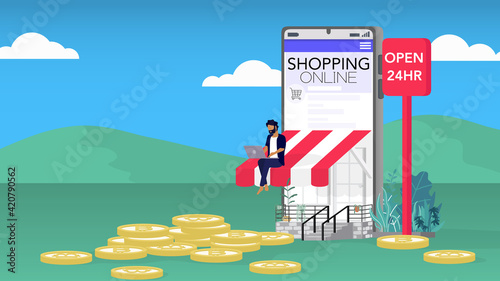 Mobilephone with front of shopping online store come out from the phone's screen. Shoping online e-commerce concept