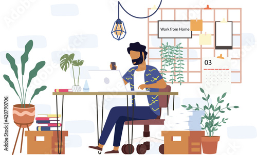 An university man study from home through online laptop computer in minimal vector design. Work from home-online video conference study due to the covid19 outbreak