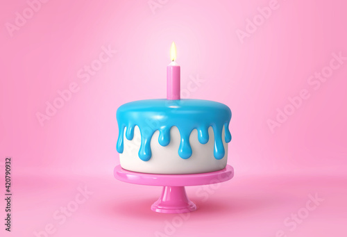 Birthday cake with candle on pink background