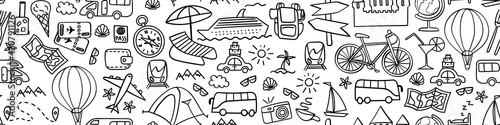 Travel hand drawn icons in seamless horizontal border. Vacation web banner. Vector illustration.