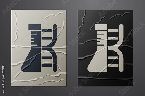 White DNA research, search icon isolated on crumpled paper background. Genetic engineering, genetics testing, cloning, paternity testing. Paper art style. Vector