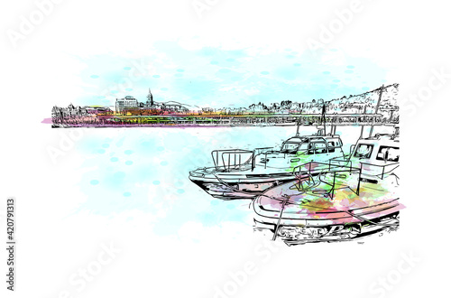 Building view with landmark of Malaga is a port city on southern Spain. Watercolour splash with hand drawn sketch illustration in vector.