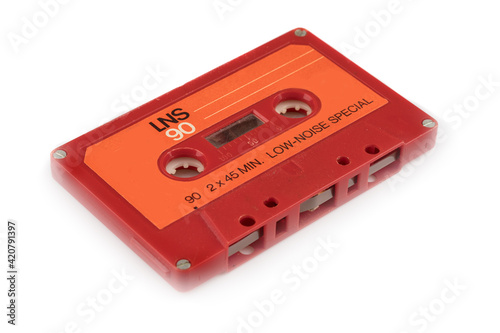 Audio cassette tape isolated old music retro player. Retro music audio cassette 80s.