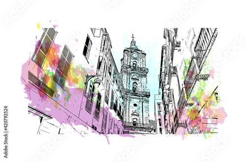 Building view with landmark of Malaga is a port city on southern Spain. Watercolour splash with hand drawn sketch illustration in vector.