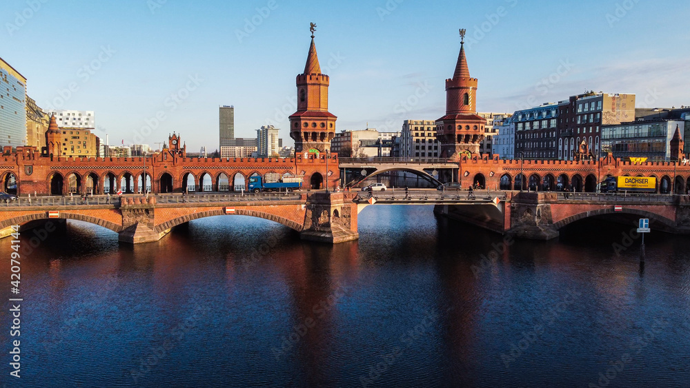Beautiful Oberbaum Bridge over River Spree in Berlin from above - aerial view - urban photography