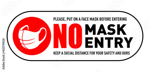 Warning sign without a face mask no entry and keep distance. Front door plate before entrance. Vector on transparent background