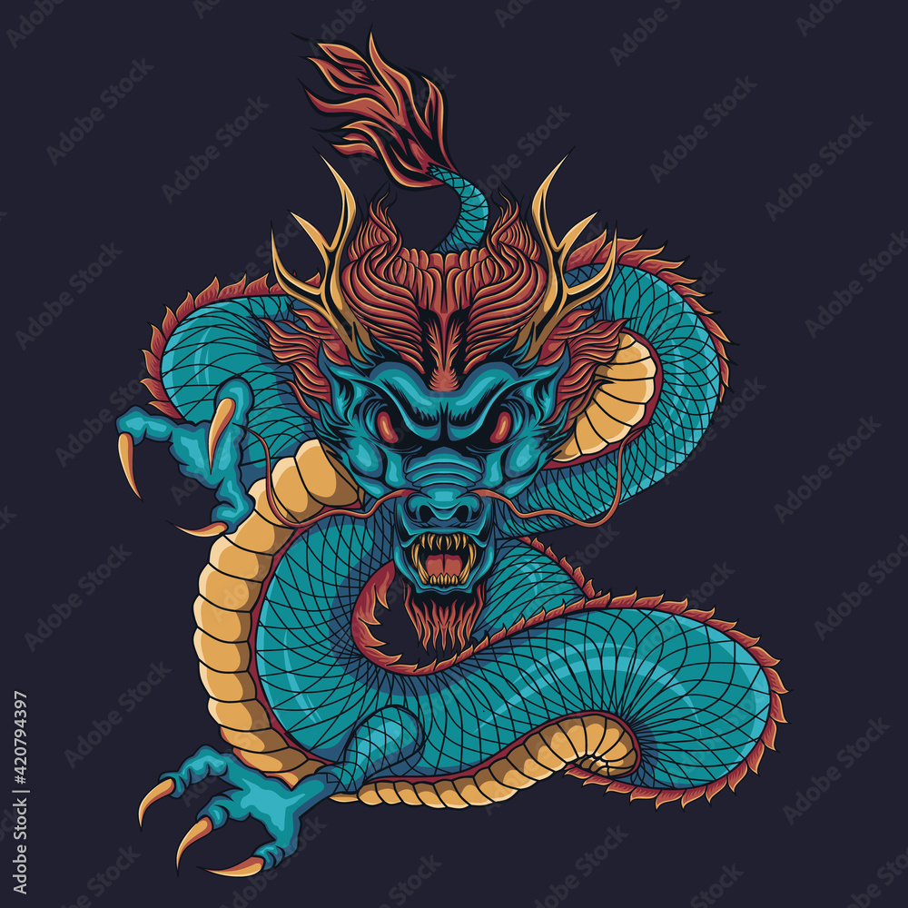 Illustration of blue chinese dragon