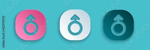 Paper cut Mars symbol icon isolated on blue background. Astrology, numerology, horoscope, astronomy. Paper art style. Vector