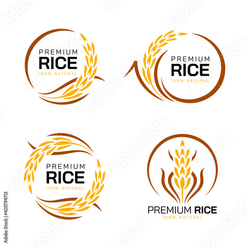 Premium rice logo - yellow brown paddy rice with circle style collection vector design