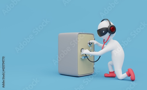 Stick man with stethoscope and safe box in blue background ,bank robber concept ,3d illustration or 3d rendering © sirawut