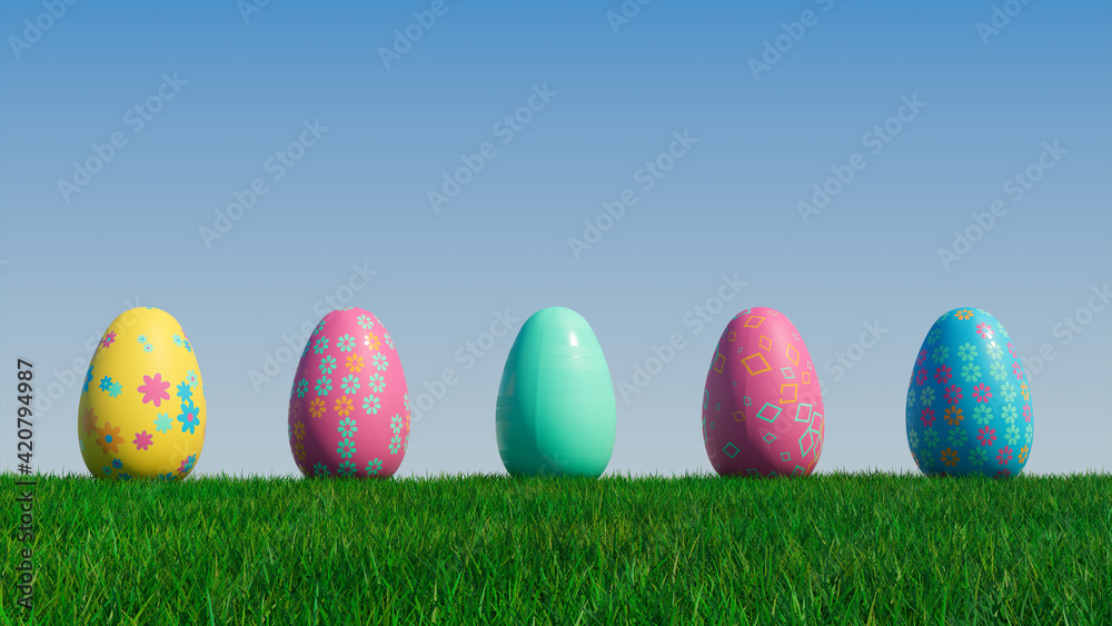 Easter Eggs on a grass lawn, with a clear blue sky. Beautiful Blue, Yellow and Pink Eggs with Diamond and Floral patterns. 3D Render Easter Eggs on a grass lawn, with a clear blue sky. Beautiful Blue, Yellow and Pink Eggs with Diamond and Floral patterns. 3D Render