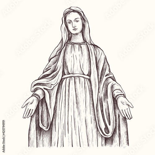 Holy Virgin Mary, Mother of God, Virgin Mary, Madonna, Mother of Jesus Christ, Christianity. Hand Drawn Sketch Illustration.