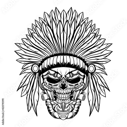 skull indian illustration black on white background