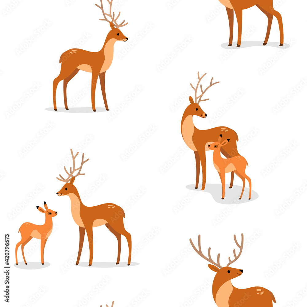 Simple seamless trendy animal pattern with fawn and deer. Cartoon illustration. Simple seamless trendy animal pattern with fawn and deer. Cartoon illustration.